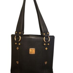 MCM Black and Gold Leather Tote Bag with Studded Details